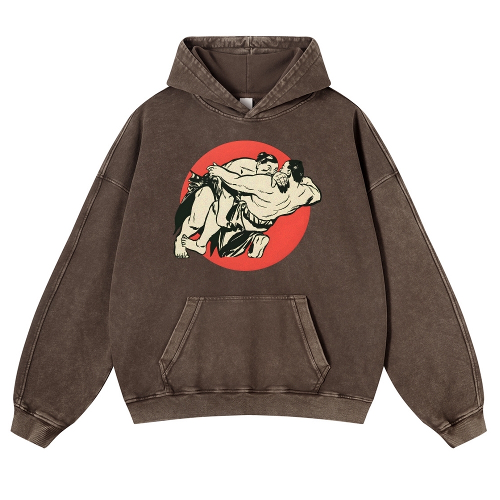 Japanese Sumo Wrestlers Pattern Vintage Washed Hoodie-moweekender