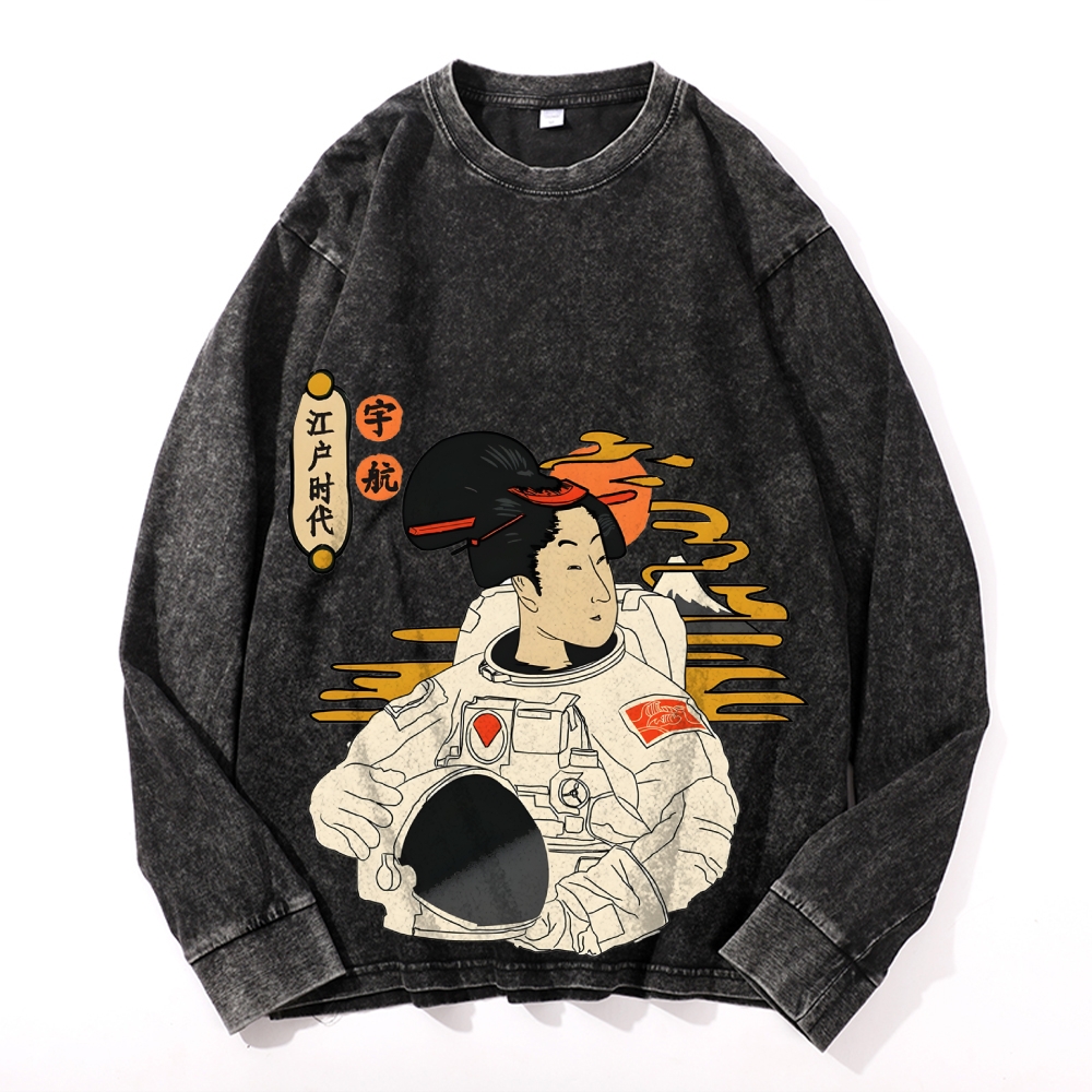 Japanese Spaceman Ukiyoe Deep Washed Vintage Long Sleeves T-Shirt-moweekender