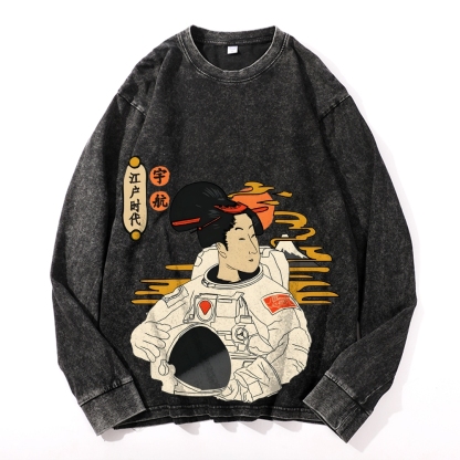 Japanese Spaceman Ukiyoe Deep Washed Vintage Long Sleeves T-Shirt-moweekender