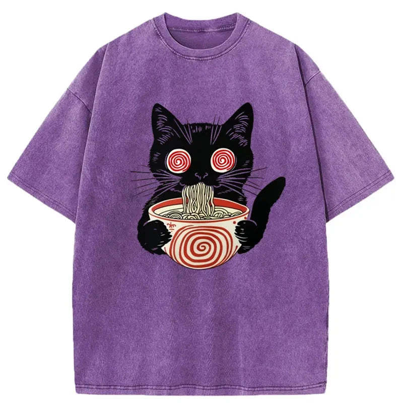 Confused Cat Eating Ramen Washed Vintage T-Shirt-moweekender