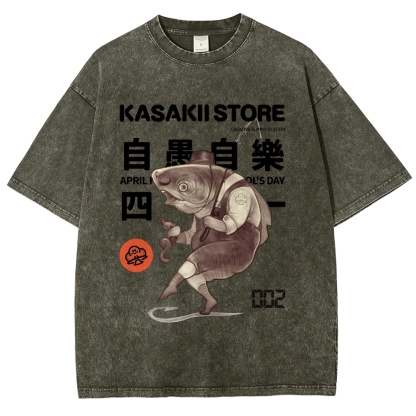 Fishing Shark Man Washed Vintage Short Sleeves T-Shirt-moweekender