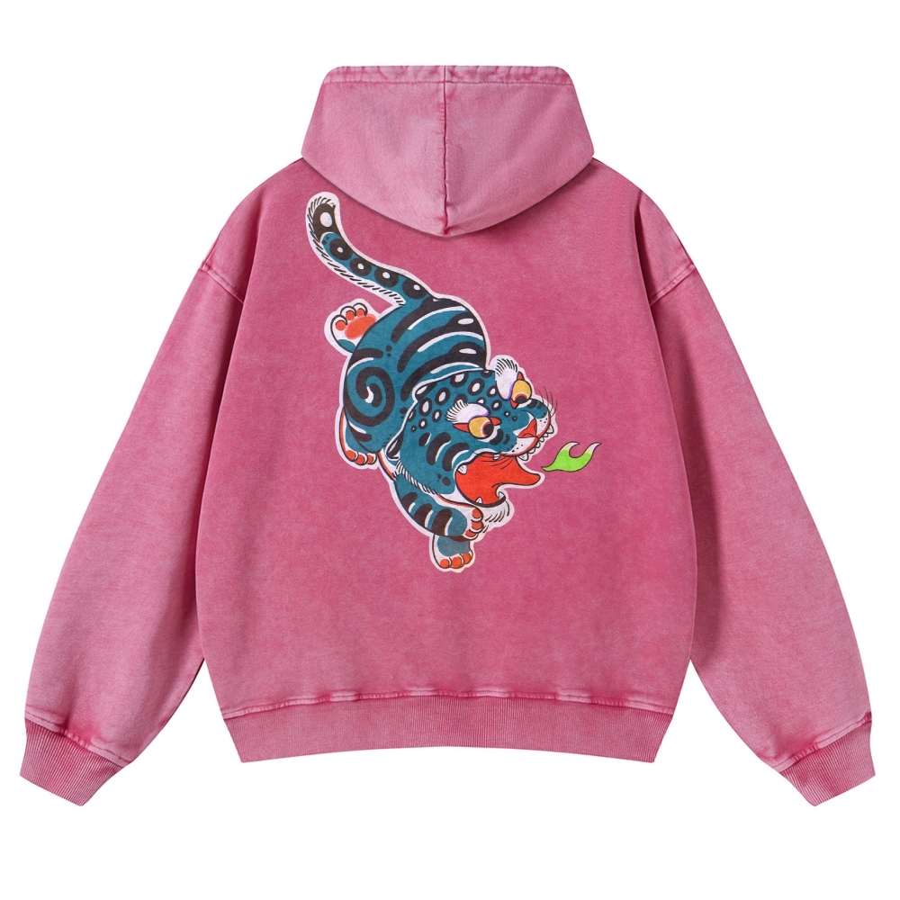 Fire Leopard Pattern Vintage Washed Hoodie-moweekender