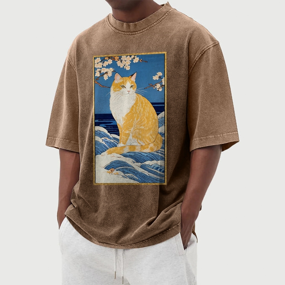 Cat Wave Casual Pattern Washed Vintage Short Sleeves T-Shirt-moweekender