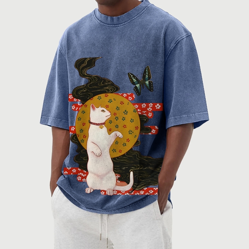 Butterfly Cat Pattern Casual Washed Vintage Short Sleeves T-Shirt-moweekender