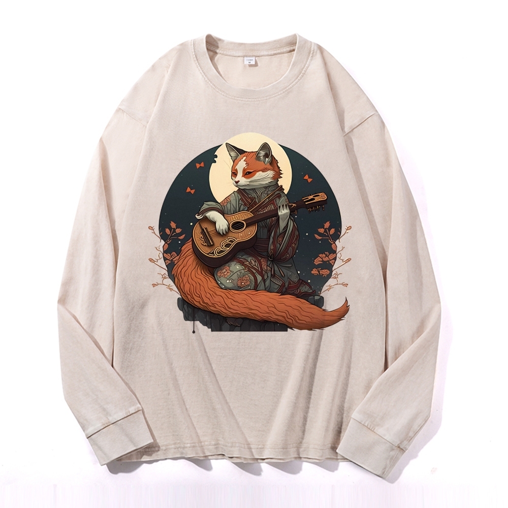 Guitar Fox Ukiyoe Painting Deep Washed Vintage Long Sleeves T-Shirt-moweekender