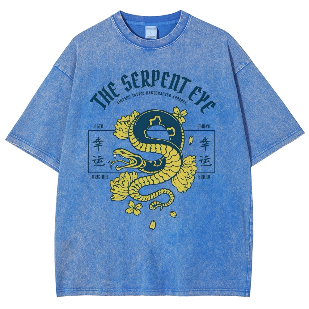 Japan Lucky Snake Sign Washed Vintage Short Sleeves T-Shirt-moweekender