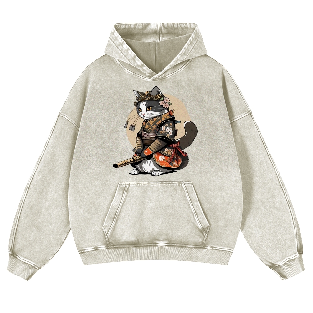 Warrior Cat Printed Vintage Washed Hoodie-moweekender