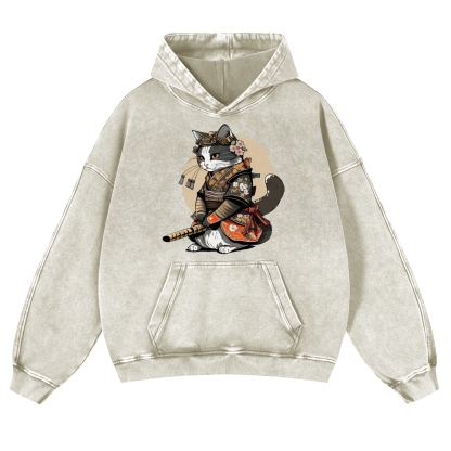 Warrior Cat Printed Vintage Washed Hoodie-moweekender