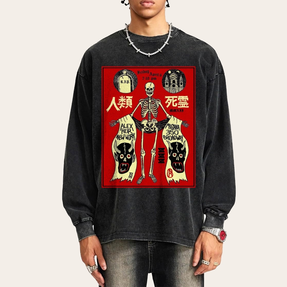 Human Skeleton Deep Washed Vintage Long Sleeves T-Shirt-moweekender