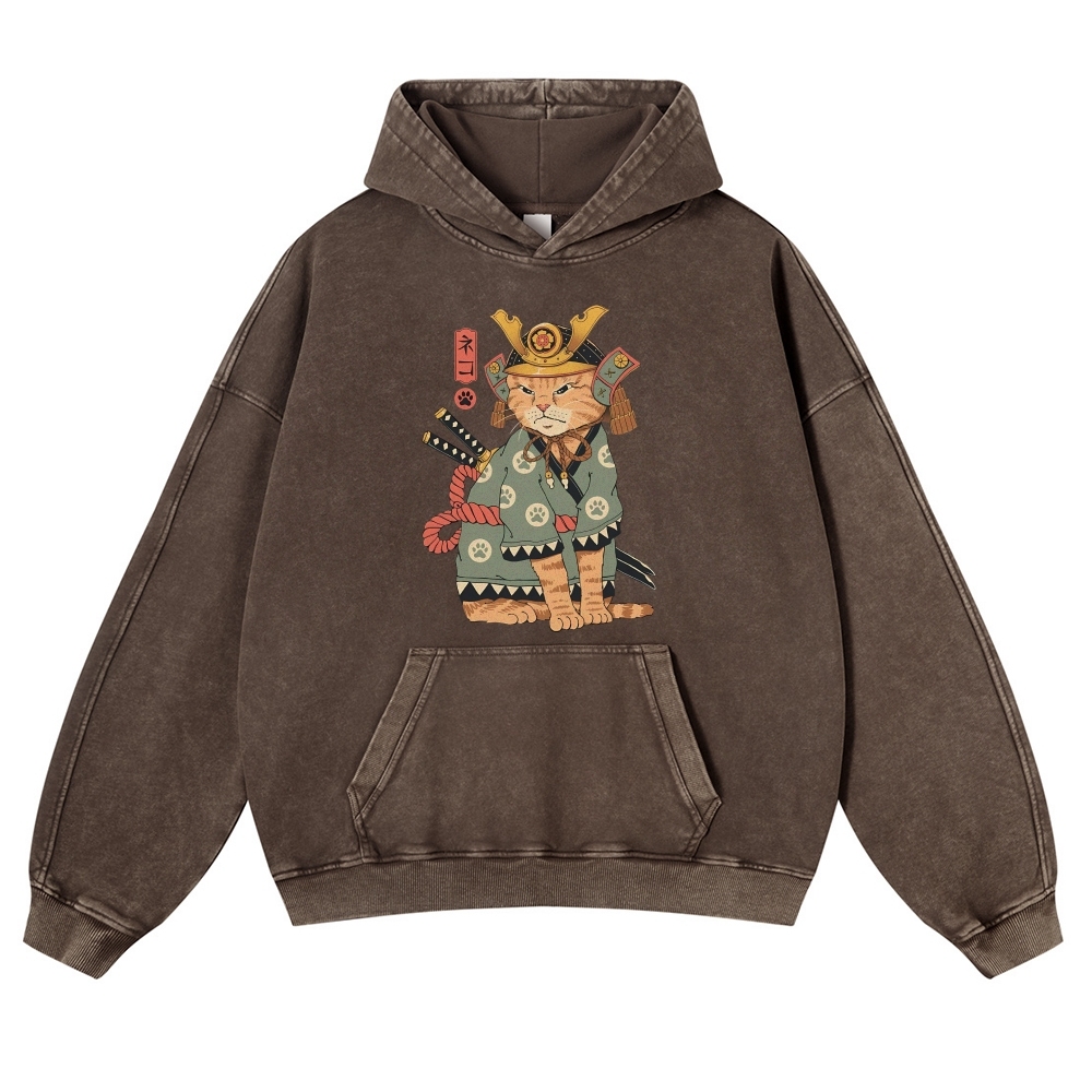 Japanese Warrior Cat Ukiyoe Vintage Washed Hoodie-moweekender
