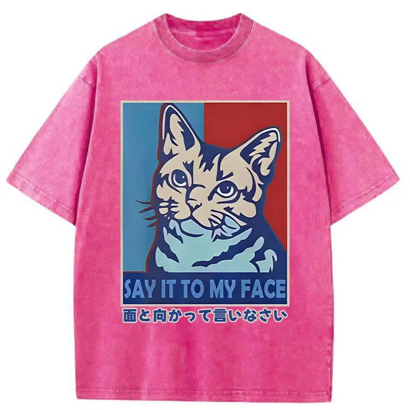 Say It To Cat Face Washed Vintage T-Shirt-moweekender