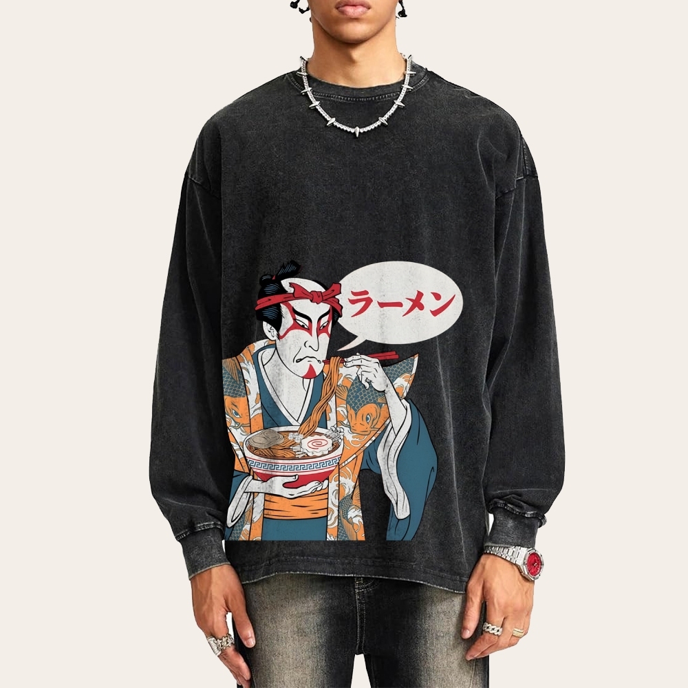 Japanese Warrior Ramen Deep Washed Vintage Long Sleeves T-Shirt-moweekender
