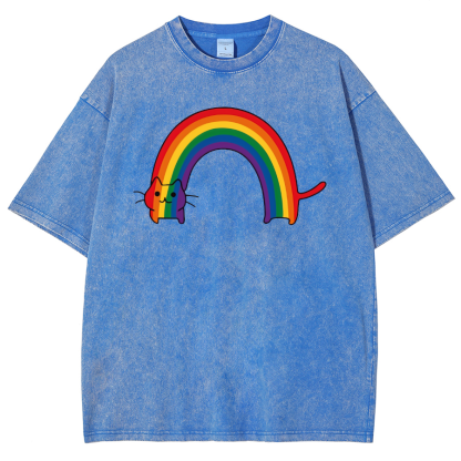 Rainbow Cat Washed Oversized T-Shirt-moweekender