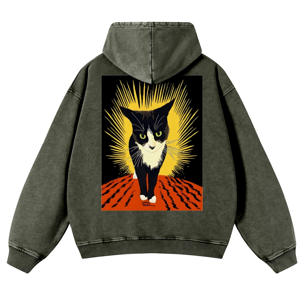 Rebel Cat Casual Vintage Washed Hoodie-moweekender