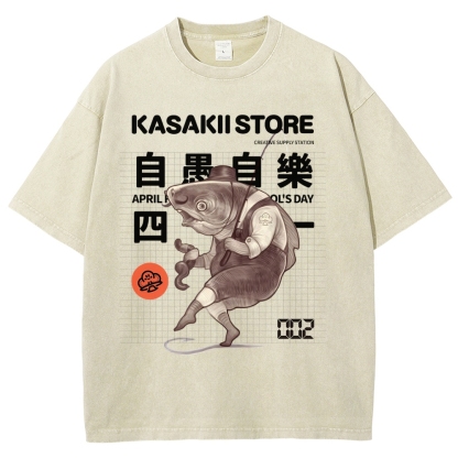 Fishing Shark Man Washed Vintage Short Sleeves T-Shirt-moweekender