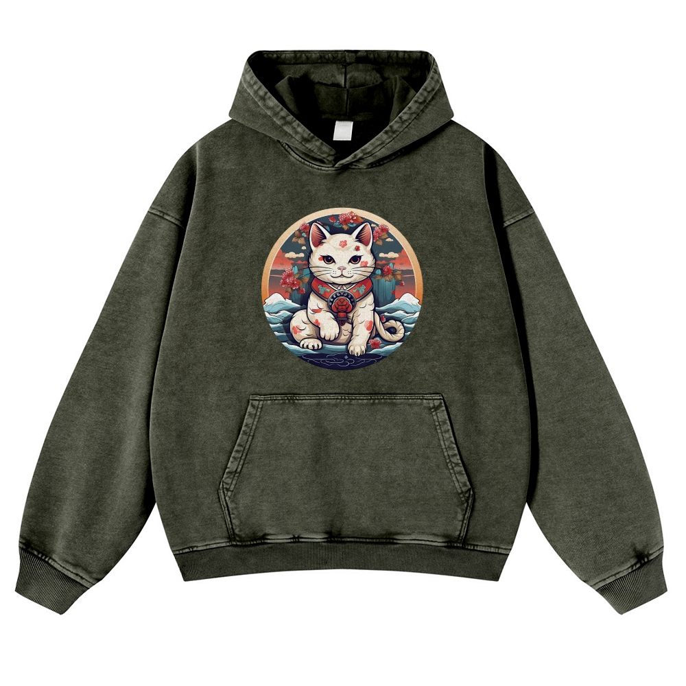 Japanese Cat Painting Printed Vintage Washed Hoodie-moweekender