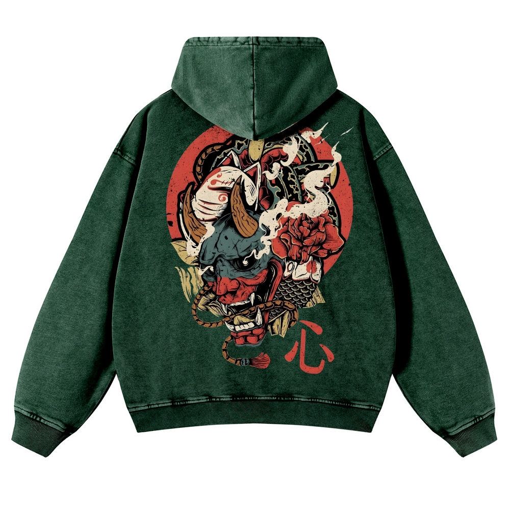 Japanese Traditional Mask Pattern Vintage Washed Hoodie-moweekender