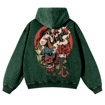 Japanese Traditional Mask Pattern Vintage Washed Hoodie-moweekender