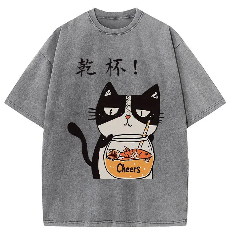 Cat Cheers Washed Vintage T-Shirt-moweekender
