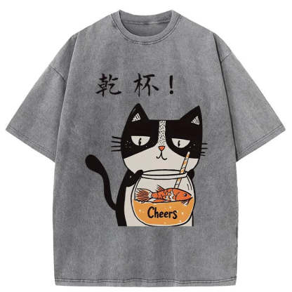 Cat Cheers Washed Vintage T-Shirt-moweekender