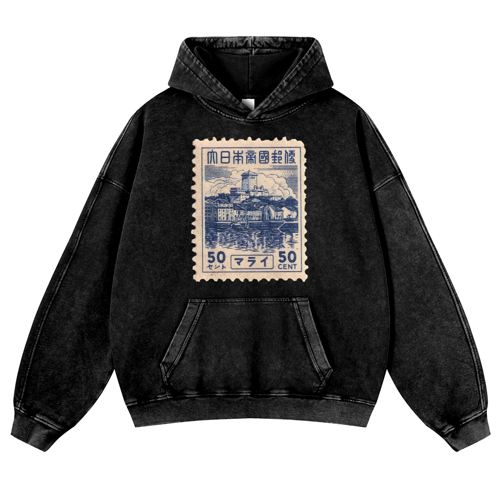 Japan Old Stamp Pattern Vintage Washed Hoodie-moweekender