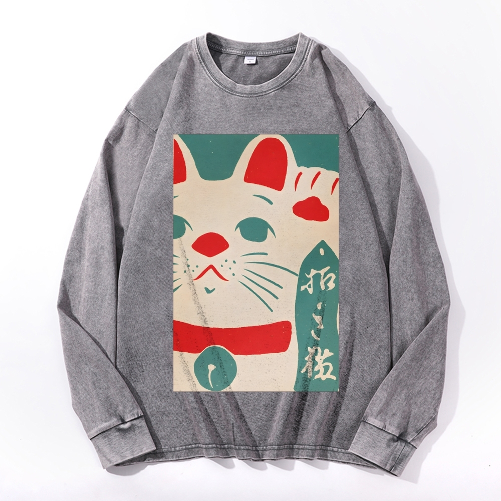 Japanese Maneki-neko Deep Washed Vintage Long Sleeves T-Shirt-moweekender