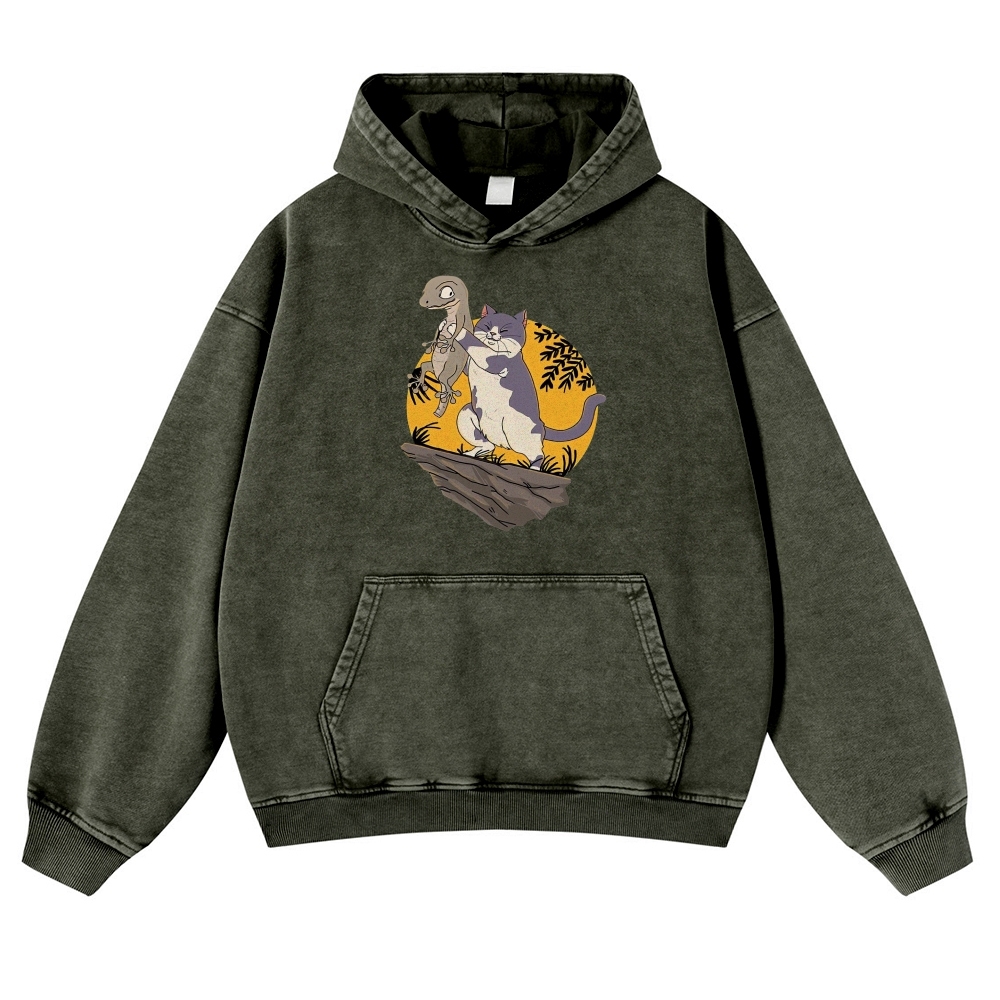 Lizard Cat Ukiyoe Vintage Washed Hoodie-moweekender