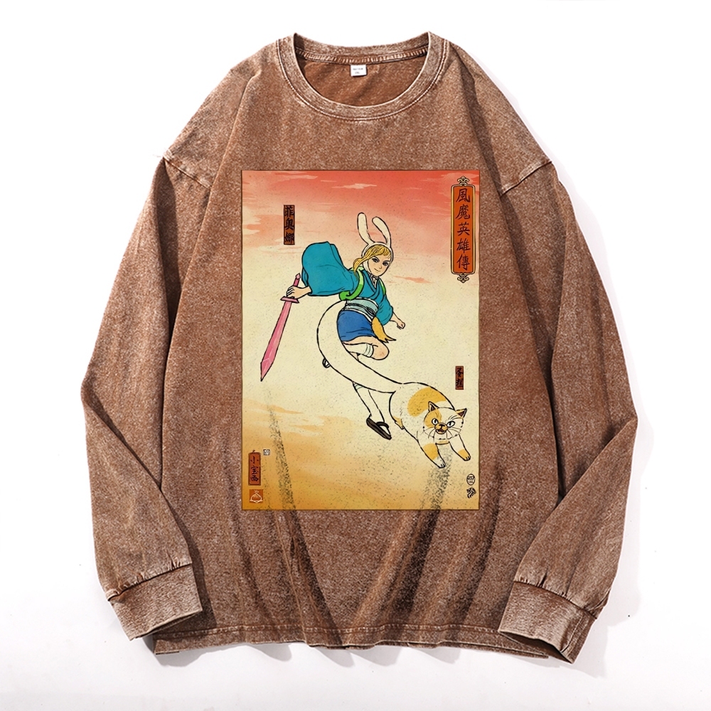 Hero Story Printed Deep Washed Vintage Long Sleeves T-Shirt-moweekender