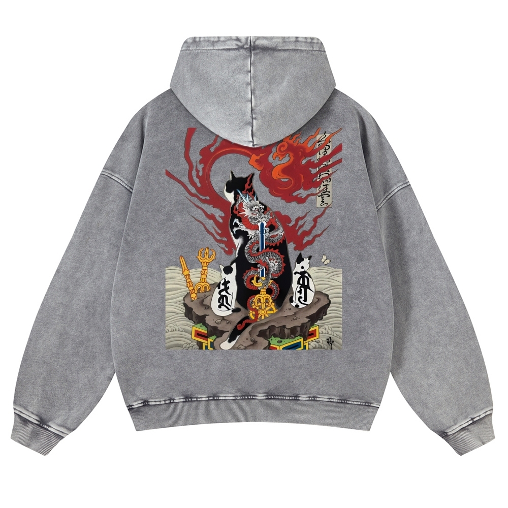 Loong Tattoo Cat Vintage Washed Hoodie-moweekender