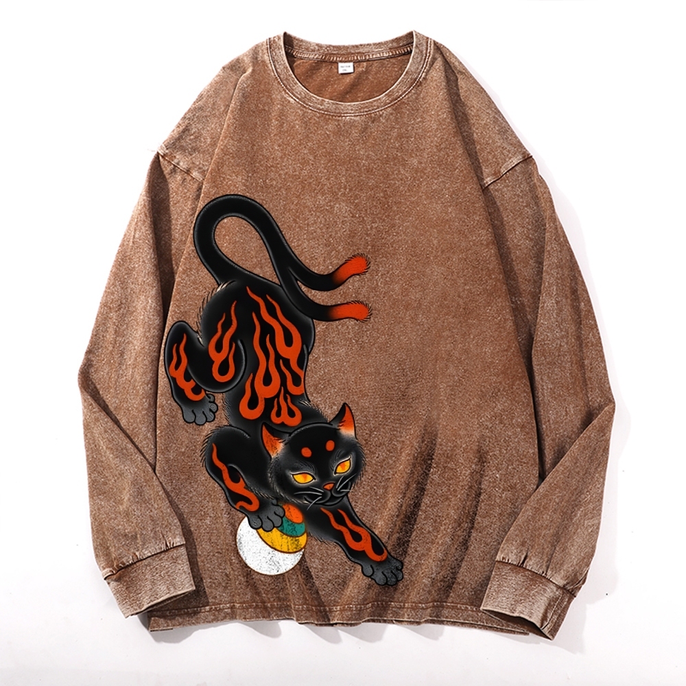 Two-tailed Cat Pattern Deep Washed Vintage Long Sleeves T-Shirt-moweekender