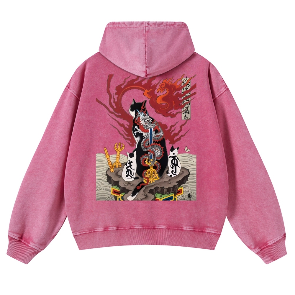Loong Tattoo Cat Vintage Washed Hoodie-moweekender