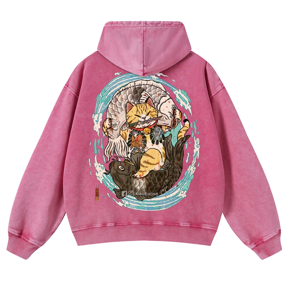 Japan Samurai Cat Vintage Washed Hoodie-moweekender