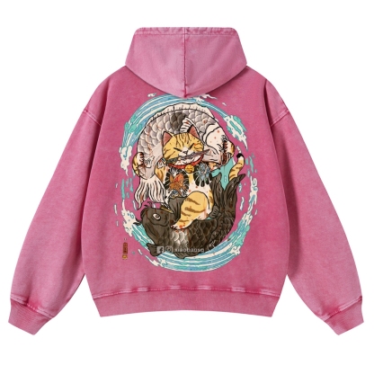 Japan Samurai Cat Vintage Washed Hoodie-moweekender