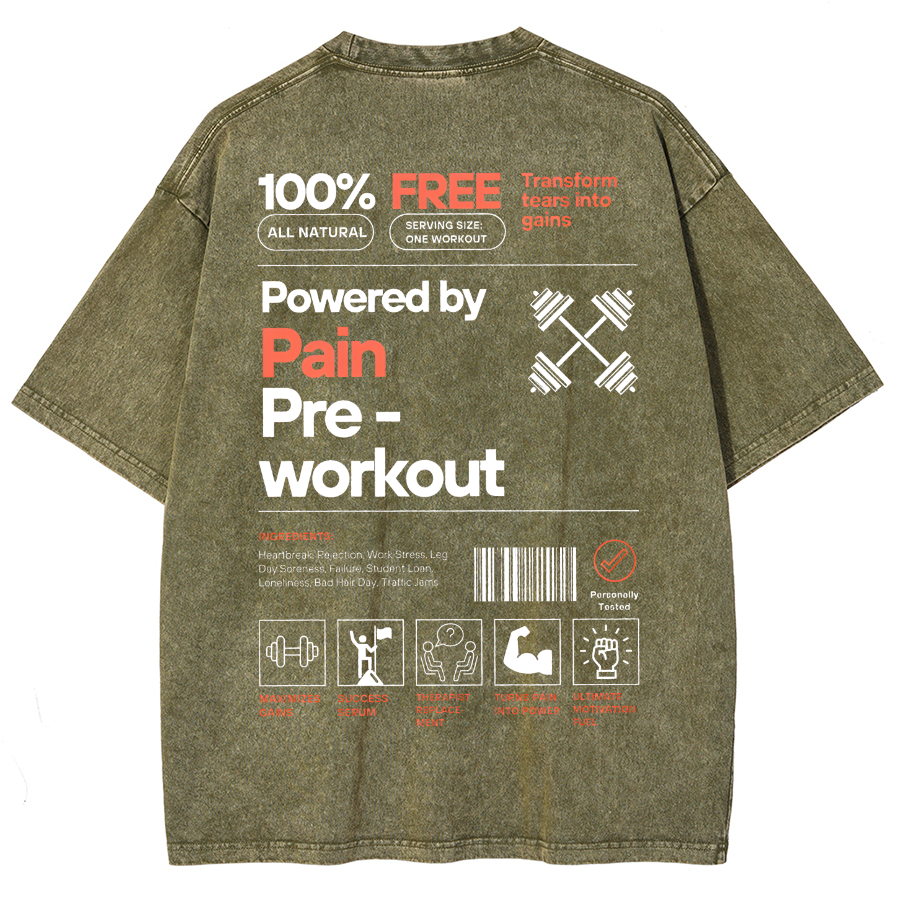Powered by PainPre-workout Unisex Printed Retro Washed Short Sleeved T-Shirt-moweekender