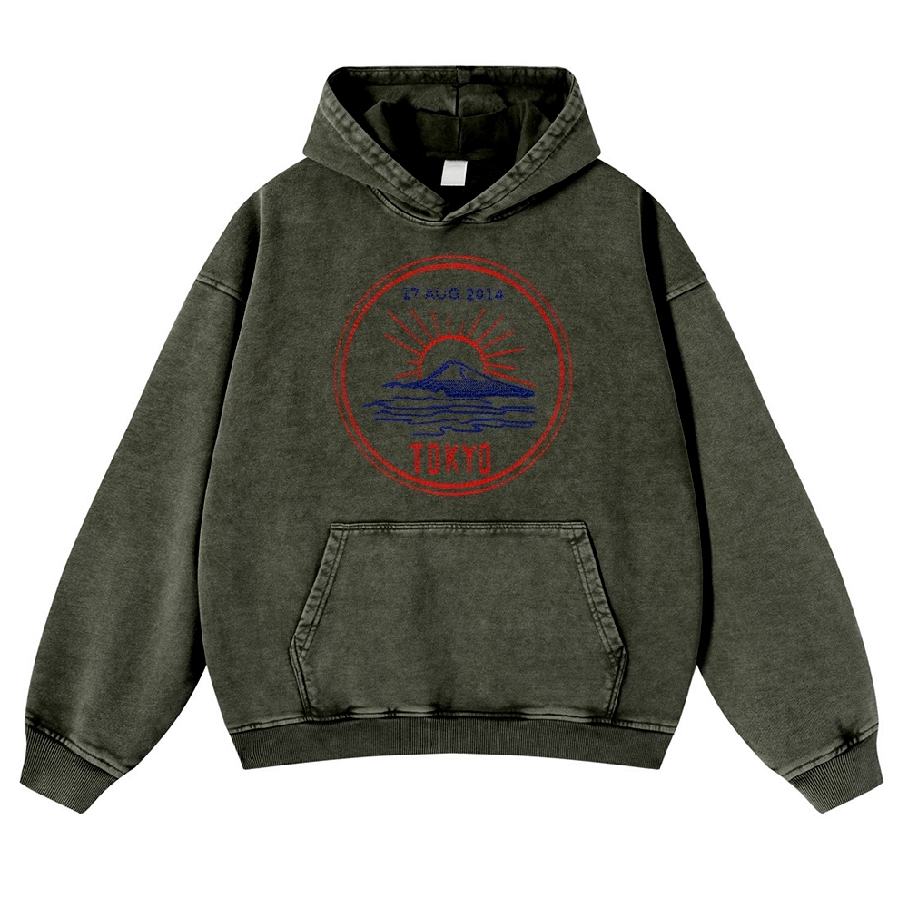 Tokyo Sunrise Sea Pattern Vintage Washed Hoodie-moweekender