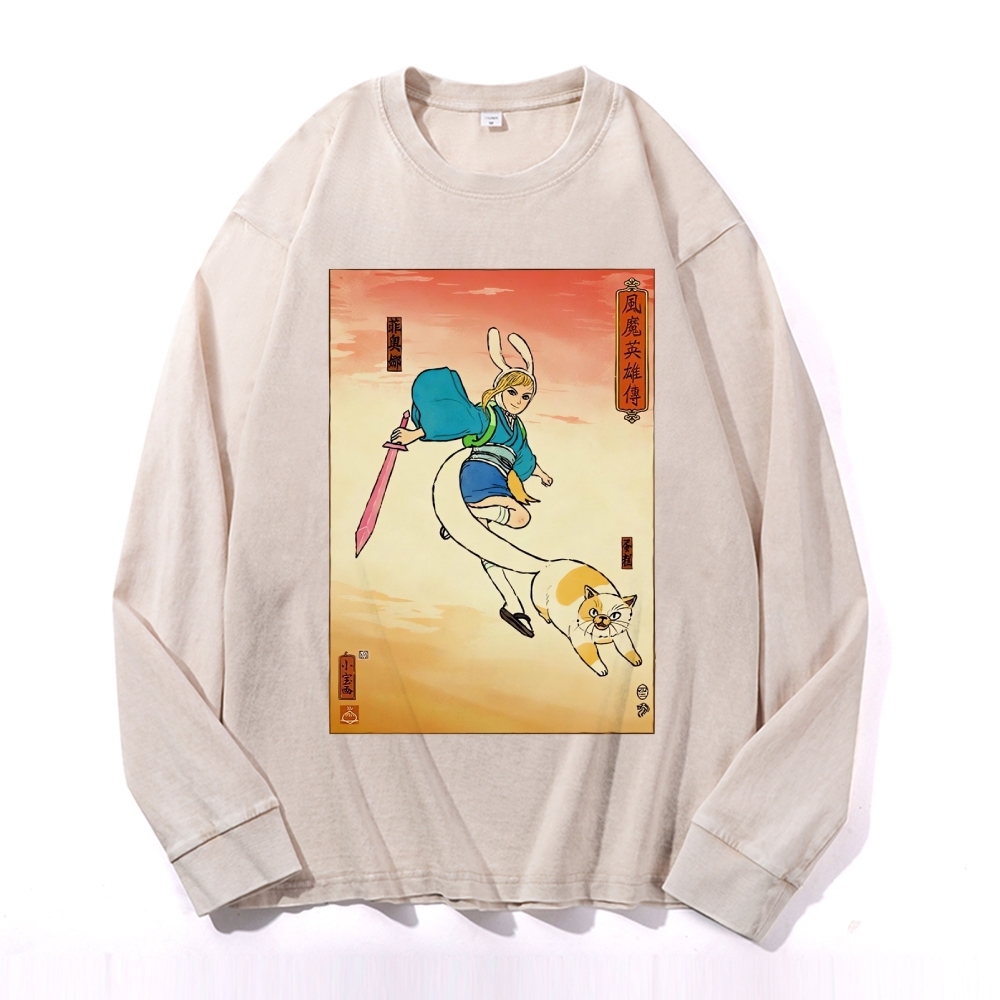 Hero Story Printed Deep Washed Vintage Long Sleeves T-Shirt-moweekender