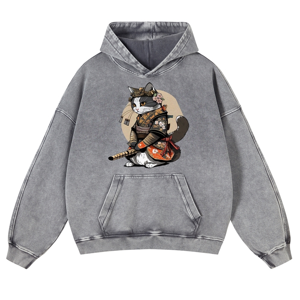 Warrior Cat Printed Vintage Washed Hoodie-moweekender