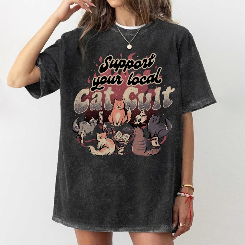 Support Your Local Cat Cult Vintage Snowflake Washed T-Shirt-moweekender
