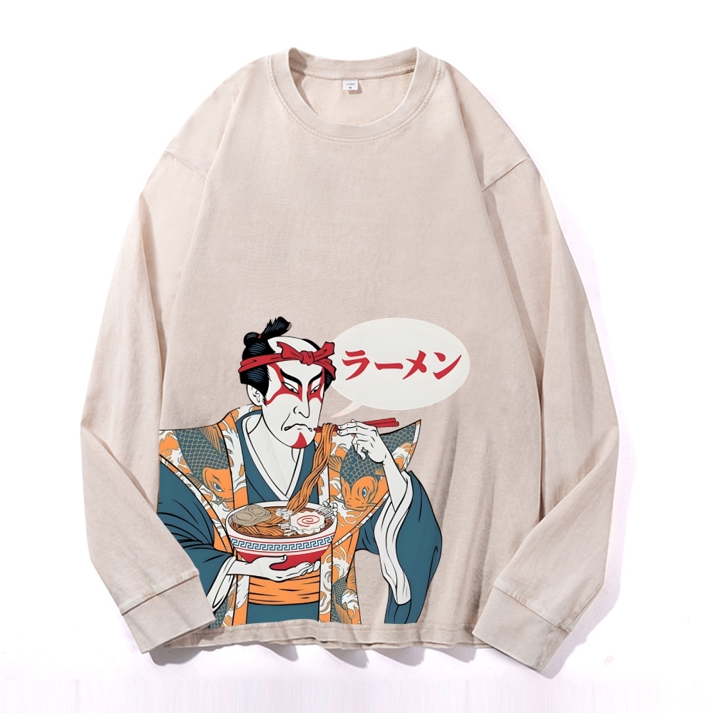 Japanese Warrior Ramen Deep Washed Vintage Long Sleeves T-Shirt-moweekender