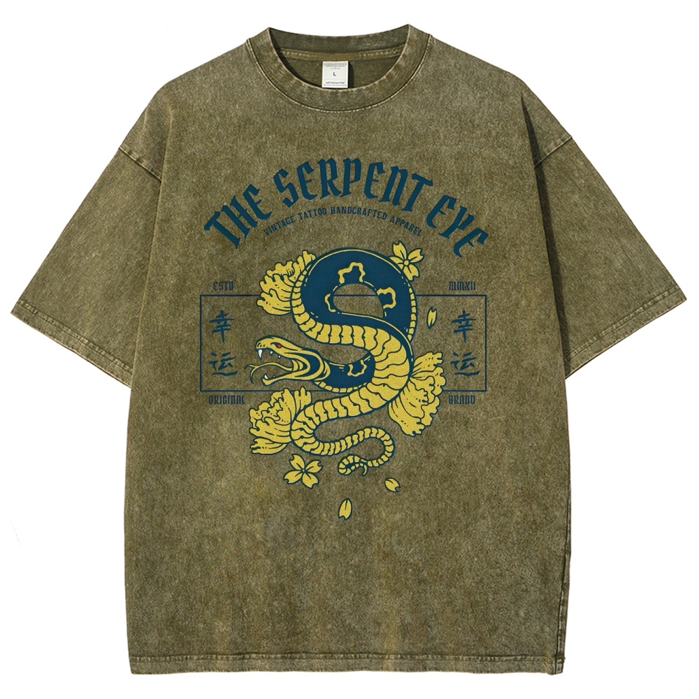 Japan Lucky Snake Sign Washed Vintage Short Sleeves T-Shirt-moweekender