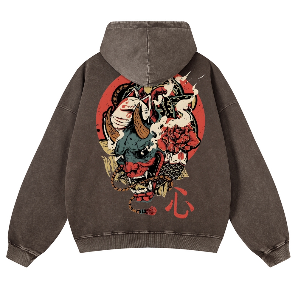 Japanese Traditional Mask Pattern Vintage Washed Hoodie-moweekender