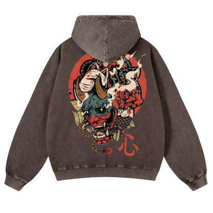 Japanese Traditional Mask Pattern Vintage Washed Hoodie-moweekender