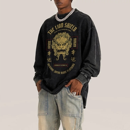 Lucky Lion Pattern Deep Washed Vintage Long Sleeves T-Shirt-moweekender