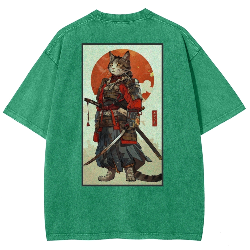 Casual Warrior Cat Washed Vintage Short Sleeves T-Shirt-moweekender