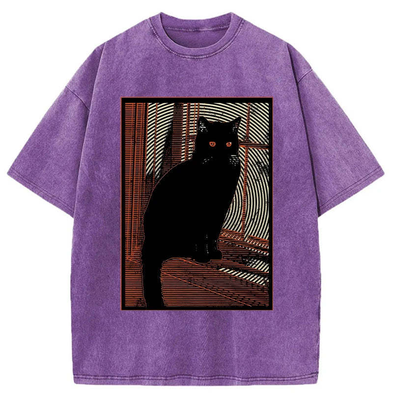 Mysterious Black Cat Washed Vintage T-Shirt-moweekender