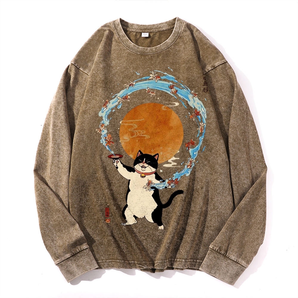Goldfish Drunk Cat Deep Washed Vintage Long Sleeves T-Shirt-moweekender