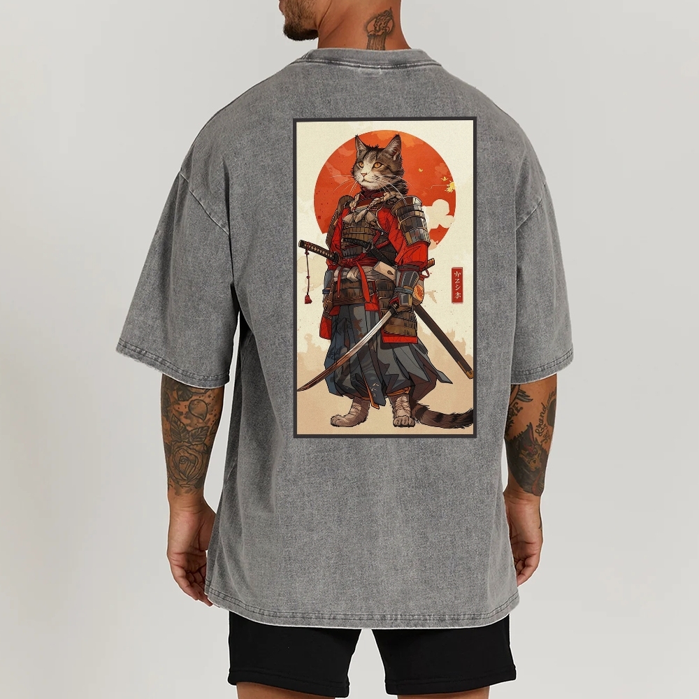 Casual Warrior Cat Washed Vintage Short Sleeves T-Shirt-moweekender