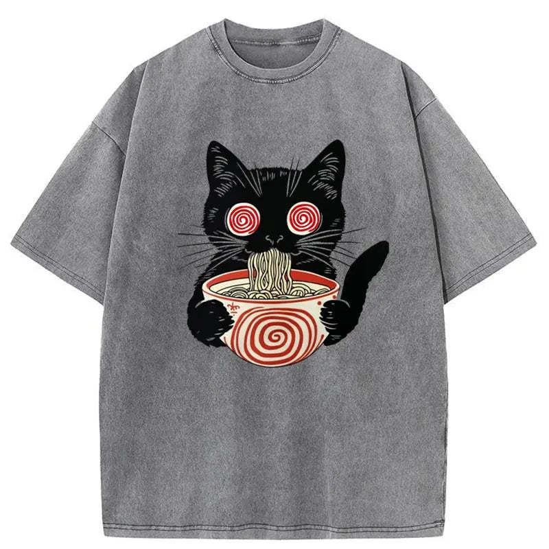Confused Cat Eating Ramen Washed Vintage T-Shirt-moweekender