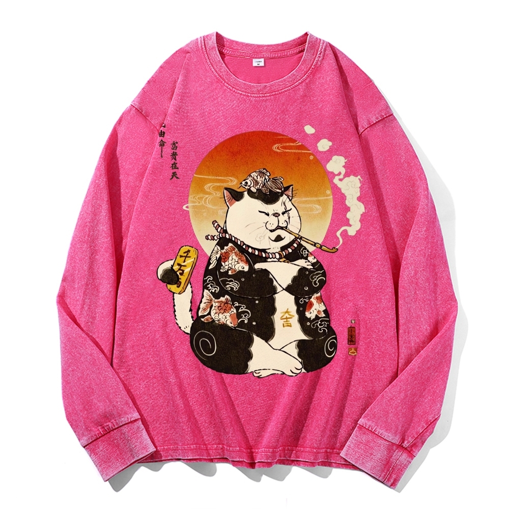 Smoking Rich Cat Deep Washed Vintage Long Sleeves T-Shirt-moweekender