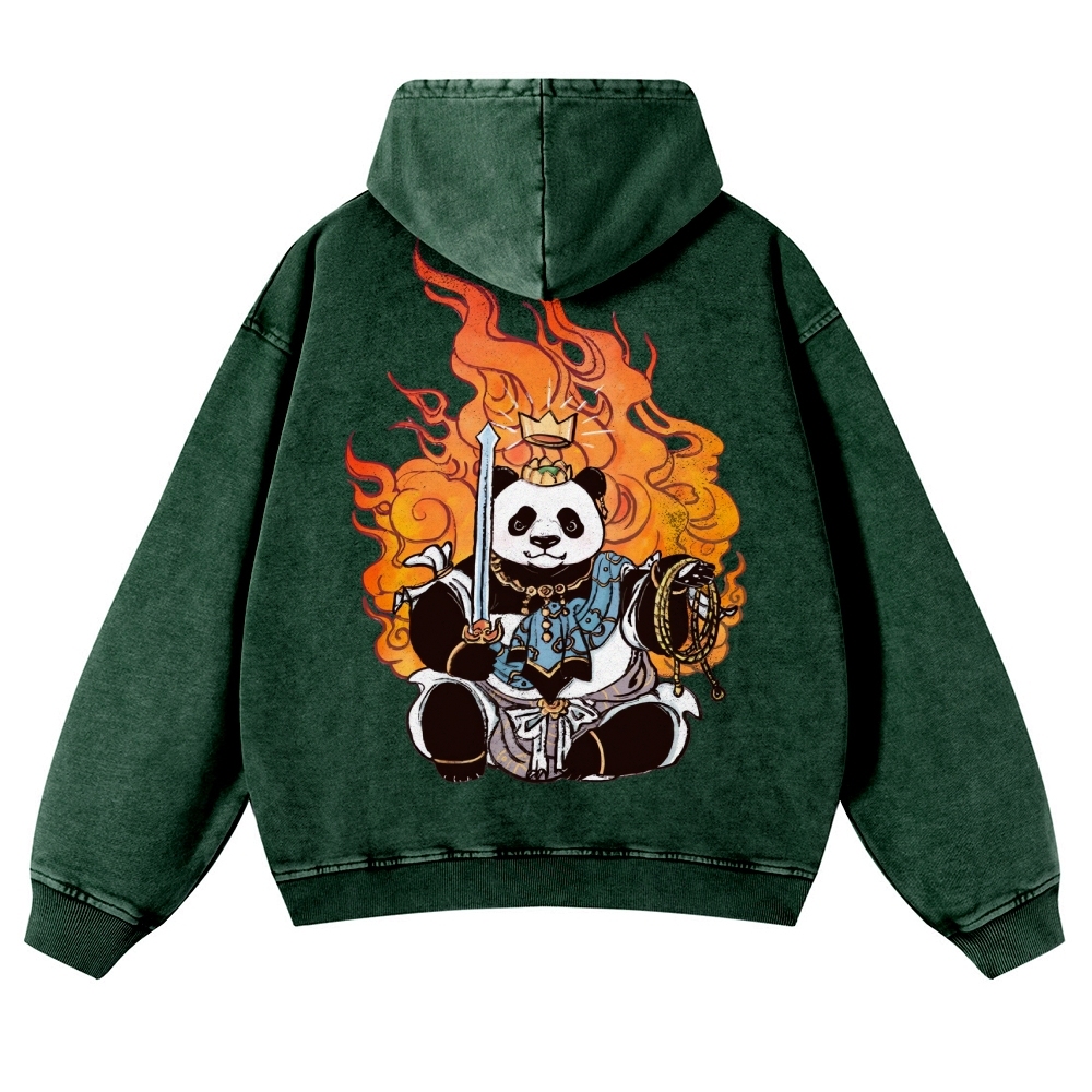 Panda King Pattern Printed Vintage Washed Hoodie-moweekender
